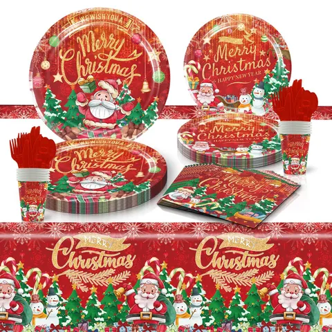 Vaisselle Jetable de Noël Assiettes en Papier Gobelets Serviettes Nappe Couverts Père Noël Bonhomme de Neige Motif Articles de Fête