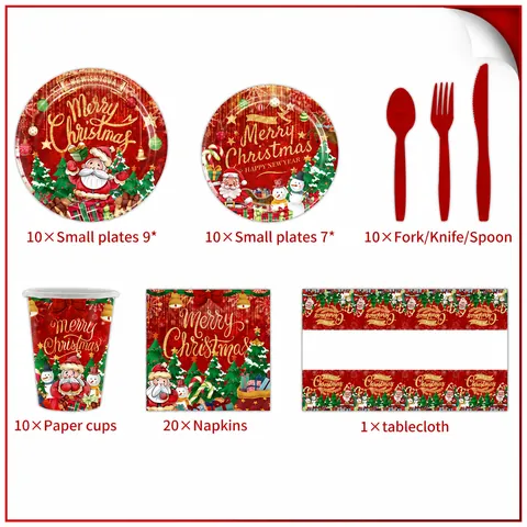 Christmas Disposable Tableware Paper Plates Cups Napkins Tablecloth Cutlery Santa Claus Snowman Pattern Holiday Party Supplies