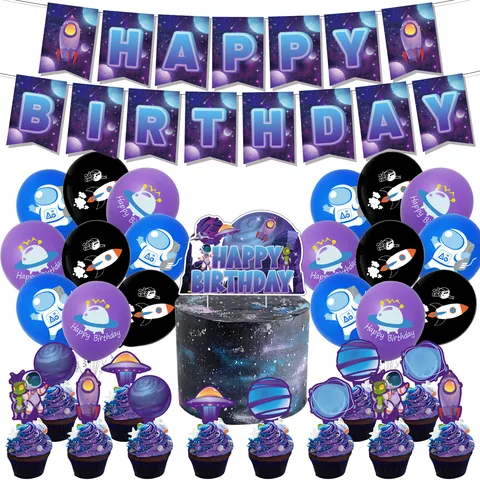 Decorazioni per Feste di Compleanno a Tema Spaziale Astronauta Razzo Pianeta Banner Cake Topper Palloncini in Lattice per Bambini