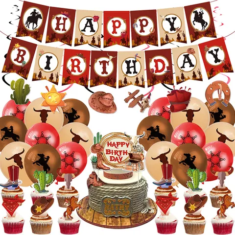 Suministros de Decoración de Fiesta de Cumpleaños Temática de Vaquero Occidental Con Pancarta Globos de Látex Adornos para Pasteles Espirales Colgantes