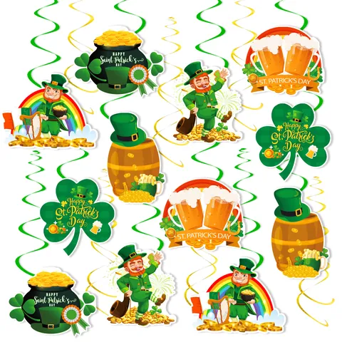 St Patrick Day Hängedekorationen Wirbel Kobold Kleeblatt Goldtopf Bierfass Folie Deckenhänger Irische Party Deko