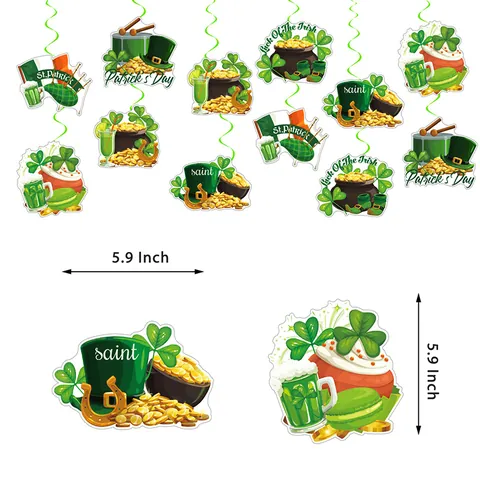 St Patrick's Day Party Decorations Green Shamrock Clover Leprechaun Hat Gold Coin Pot Spiral Hanging Ornaments For Home Celebration Supplies
