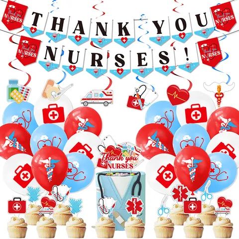 Decoraciones de Fiesta Gracias Enfermeras Banner Globos Adornos para Pasteles Remolinos Colgantes Suministros de Celebración Tema Médico Día de la Enfermera