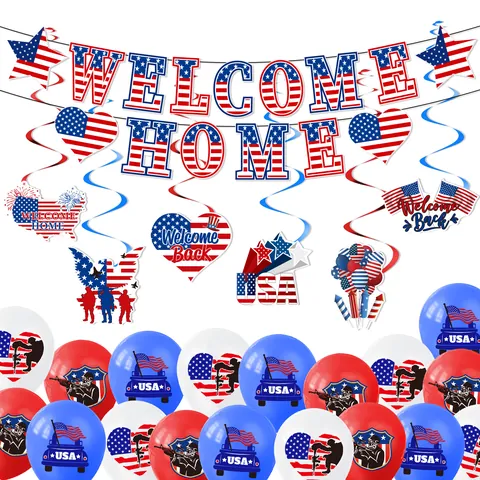 Set di Decorazioni per Feste del Memorial Day Banner a Tema Bandiera Americana Sfondo Palloncini per Veterani Festa