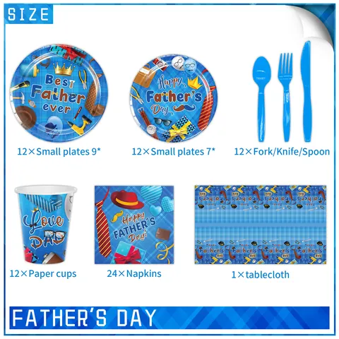 Happy Father's Day Disposable Tableware Set Blue Plaid Paper Plates Cups Napkins Tablecloth Cutlery For Party Decorations