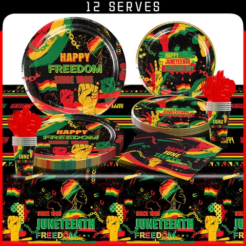 Set di Stoviglie Usa e Getta per Festa Juneteenth Happy Freedom Day Festival Afroamericano Piatti di Carta Bicchieri Tovaglioli Tovaglia Articoli per Feste