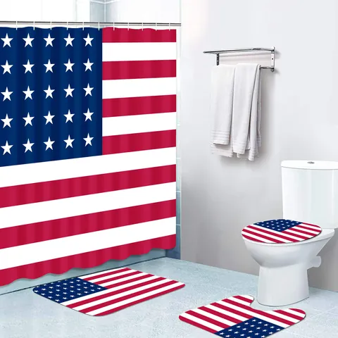 Unabhängigkeitstag Badezimmer Dekorset Polyester Wasserdichter Duschvorhang Rutschfeste Badematte U-Form Teppich Toilettendeckelbezug US-Flagge Design