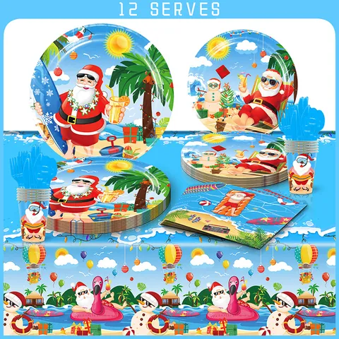 Ensemble de Vaisselle de Fête de Noël de Juillet Été Assiettes en Papier Jetables Tasses Serviettes Nappe Couverts pour Décoration