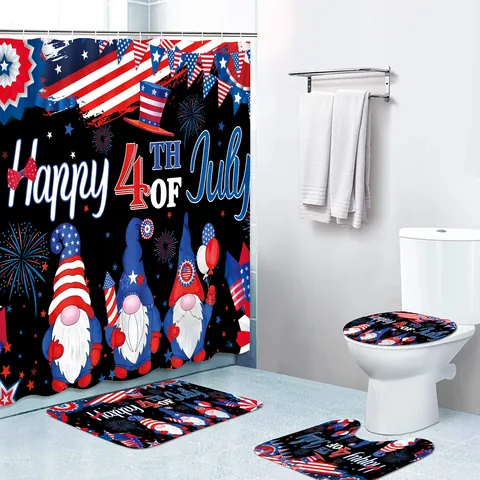Unabhängigkeitstag Badezimmer Dekorset Polyester Wasserdichter Duschvorhang Rutschfeste Badematte U-Form Teppich Toilettendeckelbezug US-Flagge Design