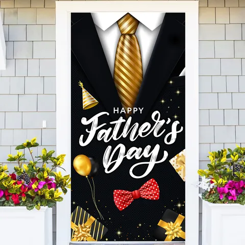 Banner Buona Festa Del Papà Copertura Per Porta Tessuto In Poliestere Blu Nero Abito Cravatta Baffi Decorazioni Per Feste In Giardino All'aperto Segno Festivo