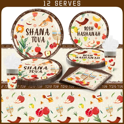 Set Decorazioni Carta Rosh Hashana Shana Tova Stoviglie Piatti Tovaglioli Palloncini Lattice Ornamenti Pendenti