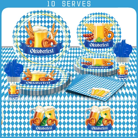Juego de Vajilla para Fiesta de Oktoberfest a Cuadros Azules y Blancos Platos de Papel Vasos Servilletas Cubiertos de Plástico Mantel Artículos para Fiestas Bávaras