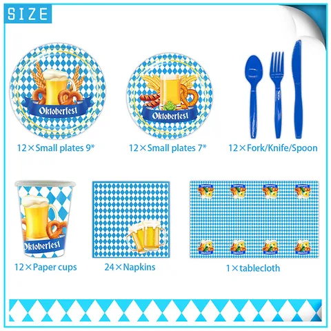Juego de Vajilla para Fiesta de Oktoberfest a Cuadros Azules y Blancos Platos de Papel Vasos Servilletas Cubiertos de Plástico Mantel Artículos para Fiestas Bávaras