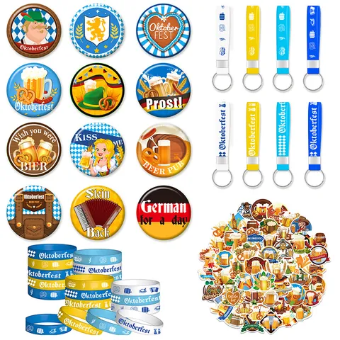 Oktoberfest Party Decoration Favor Set Tinplate Pins Silicone Wristbands Metal Keychains Waterproof Stickers For Beer Festival Celebration