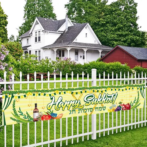 Happy Sukkot Bannière Jardin Cour Signe Décoration Festival Juif Clôture Extérieure Décoration Porte Garage Polyester Grand Drapeau