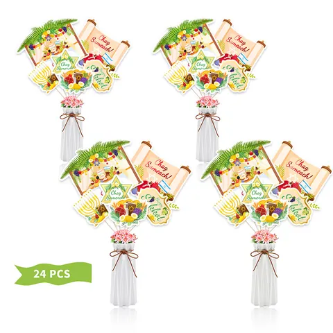 Jewish Sukkot Party Decorations Vase Flag Centerpiece Cardboard Sticks Happy Sukkot Chag Sameach Holiday Table Ornaments