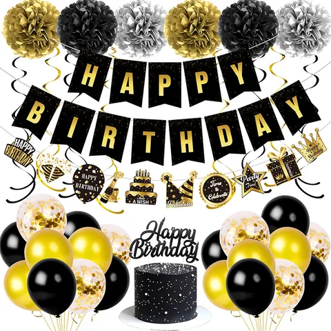 Decoración Cumpleaños Pancarta Happy Birthday Globos de Látex Pompoms de Papel Cake Toppers Espirales Fiesta