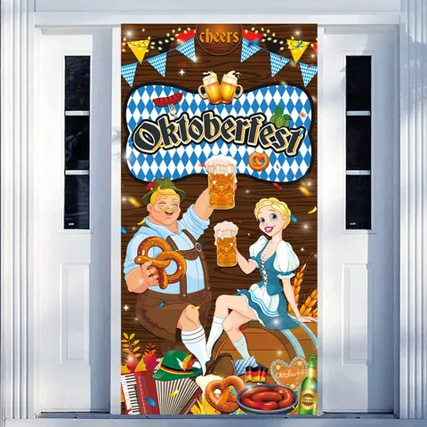 Oktoberfest Door Banner Decoration Bavarian Blue White Checkered Polyester Beer Festival Lion Crest Party Hanging Banner