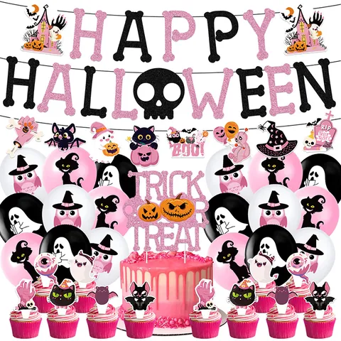 Set di Decorazioni per Feste di Halloween Rosa Nero Banner Happy Halloween Ghirlanda Cake Toppers E Palloncini in Lattice