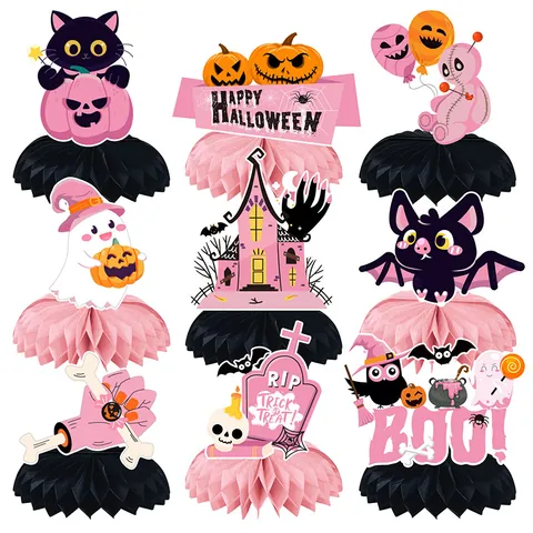 Pink Black Halloween Honeycomb Centerpieces Cartoon Ghost Pumpkin Bat Cat Desktop Paper Decoration Ornaments For Festive Party Supplies