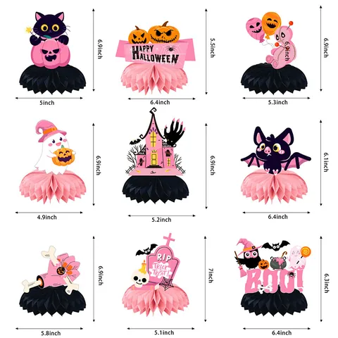 Pink Black Halloween Honeycomb Centerpieces Cartoon Ghost Pumpkin Bat Cat Desktop Paper Decoration Ornaments For Festive Party Supplies
