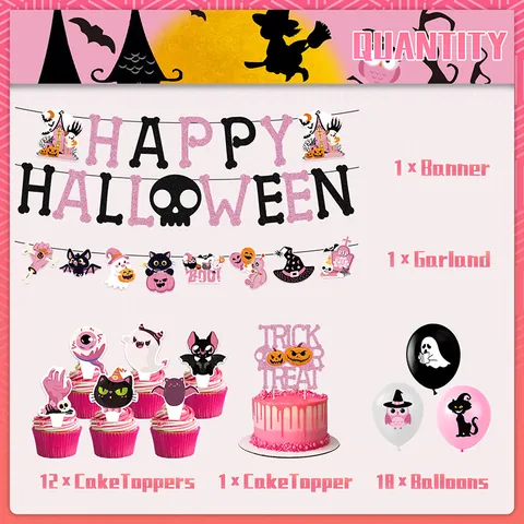 Set di Decorazioni per Feste di Halloween Rosa Nero Banner Happy Halloween Ghirlanda Cake Toppers E Palloncini in Lattice