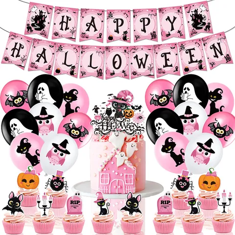 Roze Halloween Feestdecoratie Kit Schattige Banner Grote Taarttopper Kleine Toppers Latex Aluminiumfolie Ballonnen Feestbenodigdheden