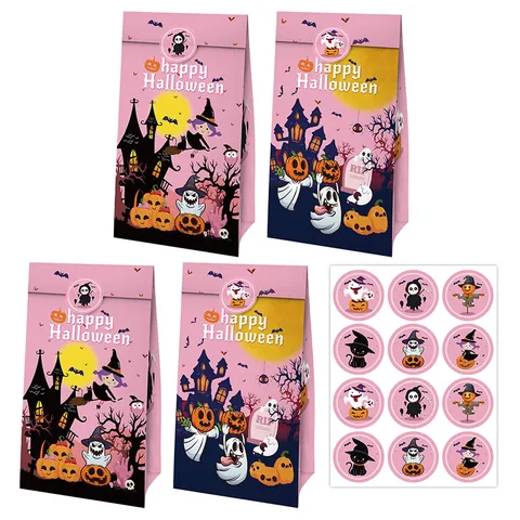 Roze Halloween Kraftpapier Cadeautassen Set Met Handvat Pompoen Heks Geest Stickers Voor Festival Feest Decoratie