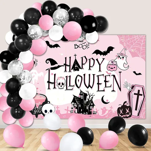 Pink Halloween Party Decoration Backdrop And Balloons Collection Ghost Bat Pumpkin Pattern For Haunted House Celebration Kit