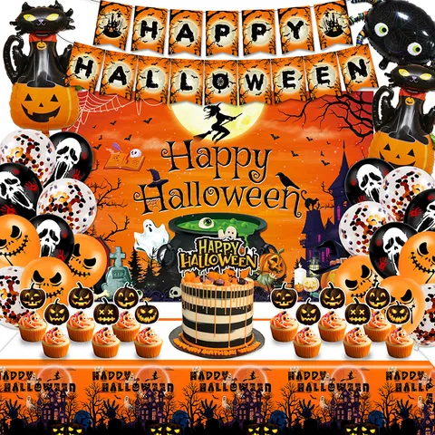 Halloween Party Dekoration Set Orange Schwarz Banner Hintergrund Tischdecke Kuchendeckel Luftballons Geister Partyzubehör