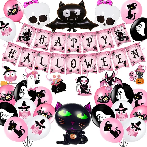 Roze Halloween Feestdecoratie Kit Schattige Banner Grote Taarttopper Kleine Toppers Latex Aluminiumfolie Ballonnen Feestbenodigdheden