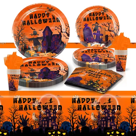 Ensemble de Vaisselle Jetable Halloween Orange Noir Château Hanté Design Citrouille Assiettes en Papier Gobelets Serviettes Couverts Nappe Fête