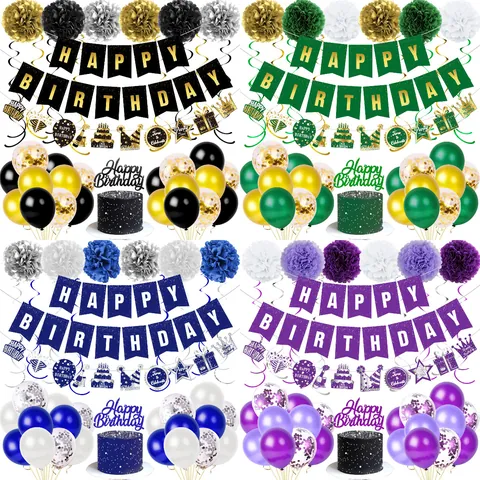 Decoración Cumpleaños Pancarta Happy Birthday Globos de Látex Pompoms de Papel Cake Toppers Espirales Fiesta
