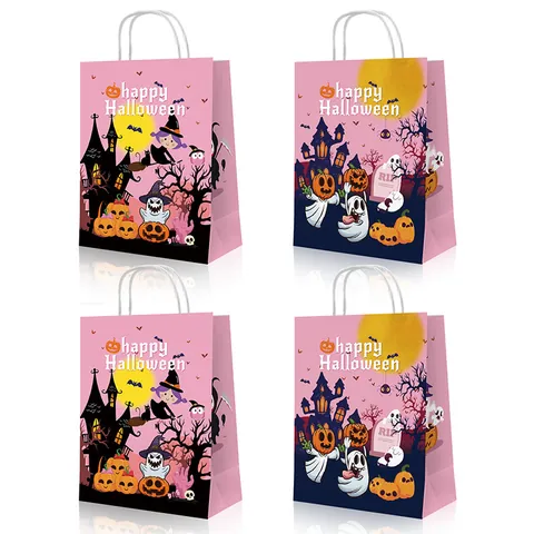 Roze Halloween Kraftpapier Cadeautassen Set Met Handvat Pompoen Heks Geest Stickers Voor Festival Feest Decoratie