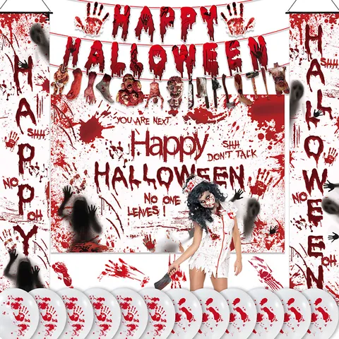 Bloody Halloween Party Decoration Set With Horror Backdrop Handprint Banner Severed Limbs Props Latex Balloons Haunted House Decor