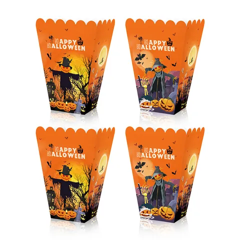 Cajas de Regalo de Fiesta de Halloween de Cartón Naranja Contenedores de Snacks de Palomitas Con Patrones de Calabaza Espantapájaros Murciélago Para Decoración