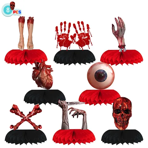 Halloween Tischdeko Horror Skelett Körperteile Waben Tafelaufsätze Rot Schwarz Party Dekoration Ornamente Set