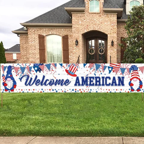 Decorazioni per Feste del Giorno dell'Indipendenza Sfondo Banner Poliestere Patriottico Benvenuto Gnomi Americani Stelle Strisce Giardino Portico Segno