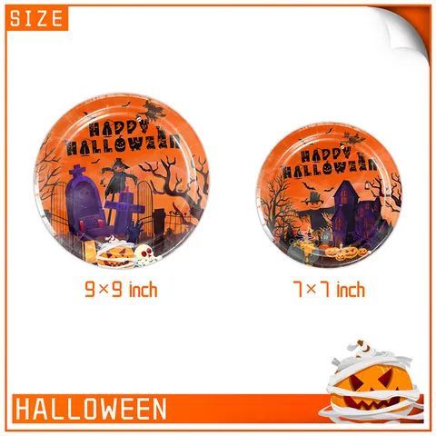Ensemble de Vaisselle Jetable Halloween Orange Noir Château Hanté Design Citrouille Assiettes en Papier Gobelets Serviettes Couverts Nappe Fête