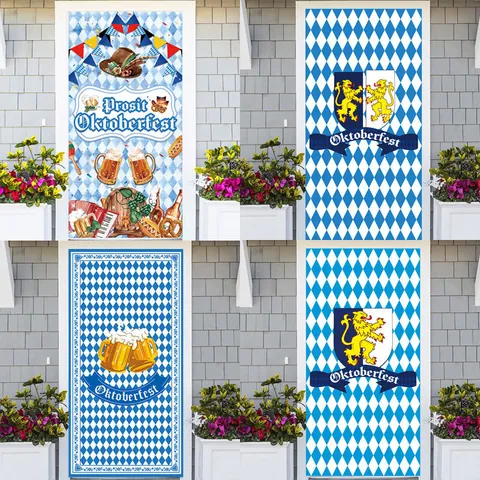 Oktoberfest Door Banner Decoration Bavarian Blue White Checkered Polyester Beer Festival Lion Crest Party Hanging Banner