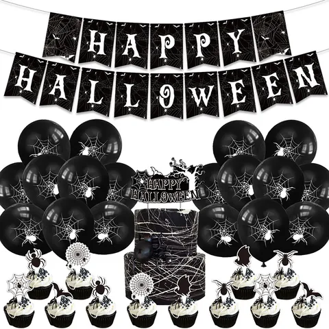 Decorazione per Festa di Halloween Nera Banner Ragnatela Decorazione Torta Palloncini in Lattice Accessori per Eventi