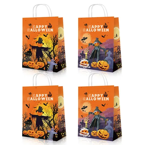 Colección de Bolsas de Regalo de Papel Kraft Naranja para Halloween Patrones de Espantapájaros Calabaza Murciélago Diseño de Doble Cara Bolsas de Dulces Decoraciones de Fiesta Con Pegatinas Asas