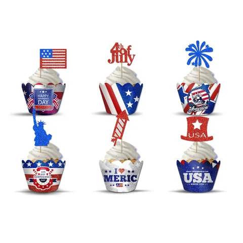 Juego de Envoltorios y Toppers para Cupcakes del Día de la Independencia de EE UU Rojo Blanco Azul Estrellas Rayas Decoraciones para Pasteles