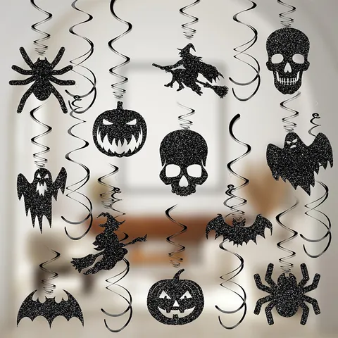 Black Glitter Paper Halloween Hanging Swirl Decoration Set Spooky Pumpkin Ghost Witch Bat Spider Skull Party Ornaments