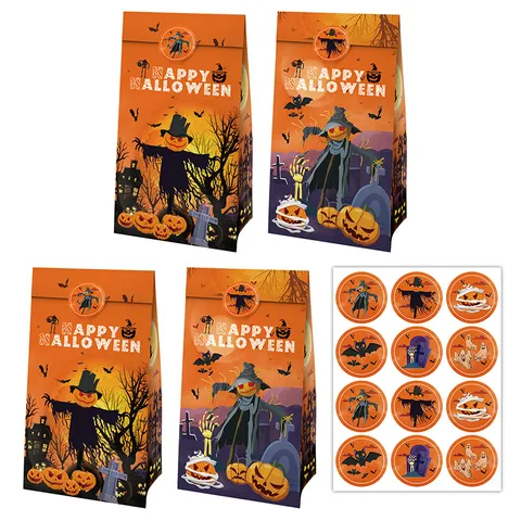 Colección de Bolsas de Regalo de Papel Kraft Naranja para Halloween Patrones de Espantapájaros Calabaza Murciélago Diseño de Doble Cara Bolsas de Dulces Decoraciones de Fiesta Con Pegatinas Asas