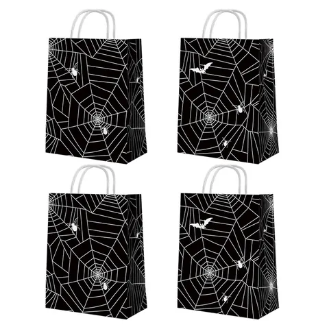 Halloween Μαύρη Τσάντα Δώρου από Χαρτί Κραφτ Με Ιστό Αράχνης Αυτοκόλλητα Τρομακτικό Σχέδιο Αράχνη Νυχτερίδα για Πάρτι