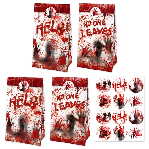 Halloween Horror Blood Handprint Kraft Paper Gift Bags With Stickers Bloody Splatter Design Party Favor Bags No One Leaves Help