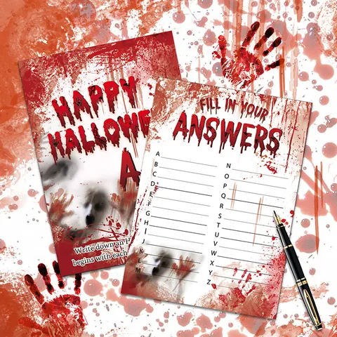 Halloween Spooky Blood Splatter A-Z Alphabet Word Game Cards Double Sided White Cardboard Party Supplies For Party Activity