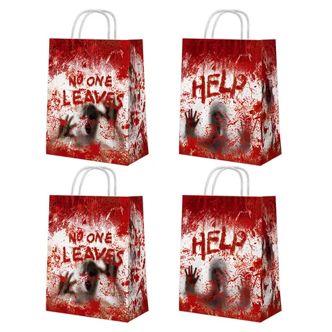 Halloween Horror Blood Handprint Kraft Paper Gift Bags With Stickers Bloody Splatter Design Party Favor Bags No One Leaves Help