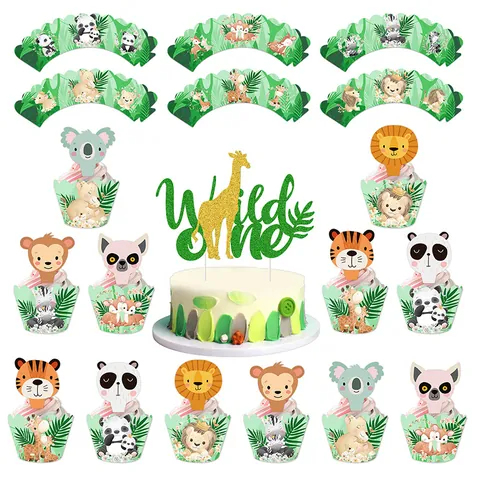 Jungle Animal Theme Party Cake Toppers And Wrappers Set Wild One Birthday Baby Shower Decoration Glitter Paper Decor